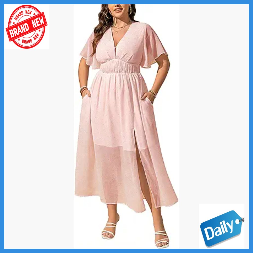 Women's Star Print V-Neck Dress With Pockets, Flutter Sleeves, Formal Wear